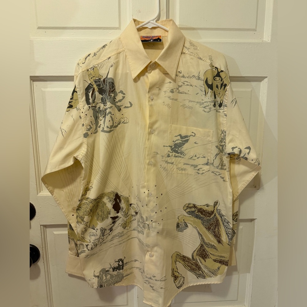 Vintage Rodeo Rider Western Bronco  Print Button-Up Shirt Sz s